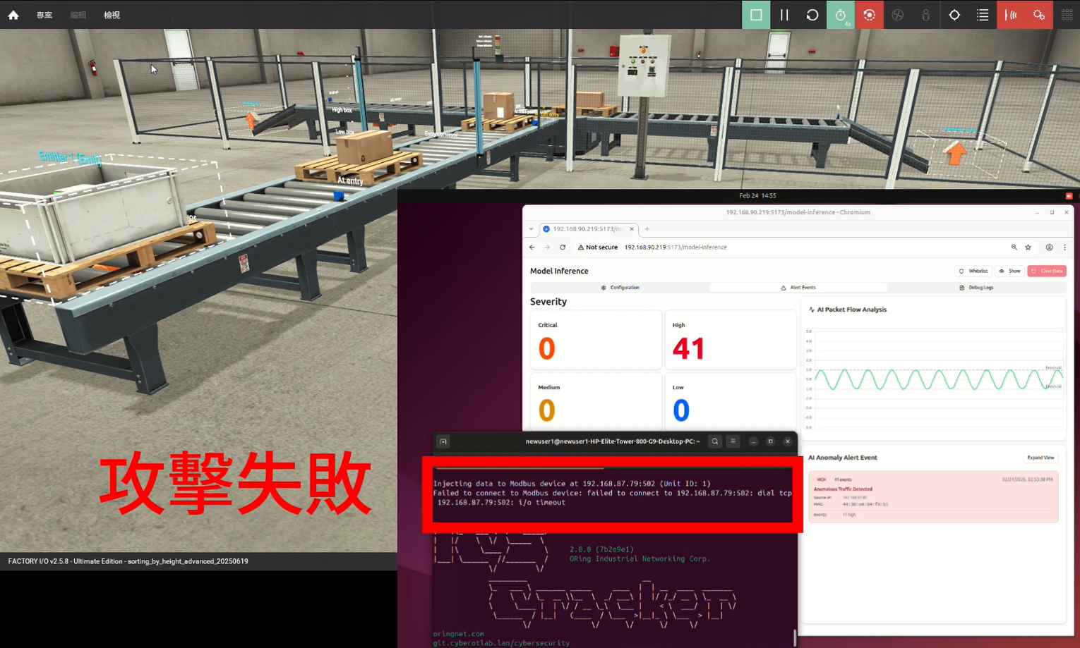 資工系教授鄭欣明研究團隊利用大型語言模型(LLM)偵測異常流量,並可將異常流量加入黑名單阻止駭客攻擊。圖為採用「LLM驅動之工業物聯網輕量型AI入侵防禦系統」對數位工廠進行資安防護。