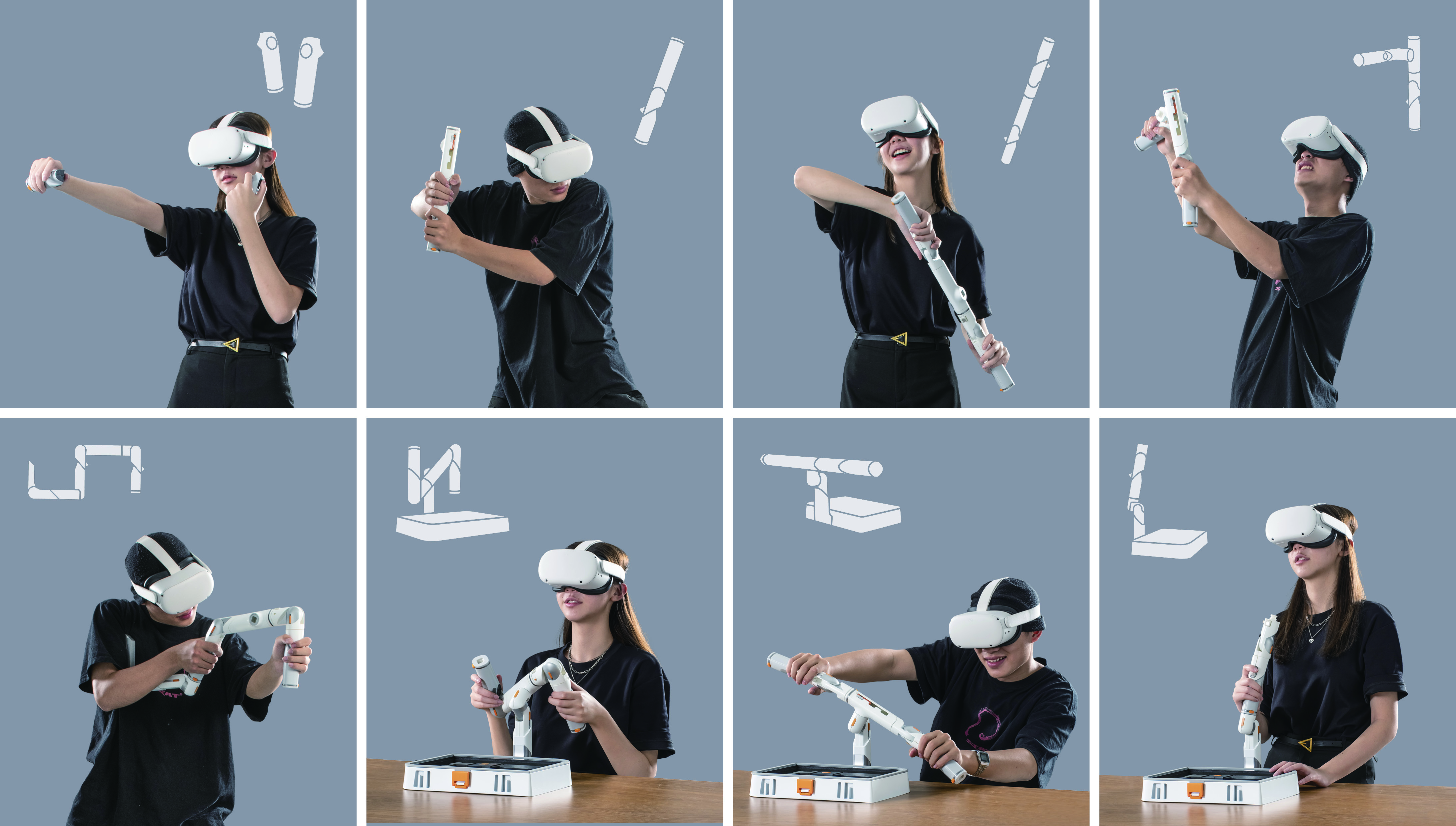 「虛擬實境百變搖桿(Unitstick)」可快速組裝成8種不同的形態,以適應各種VR遊戲場景。