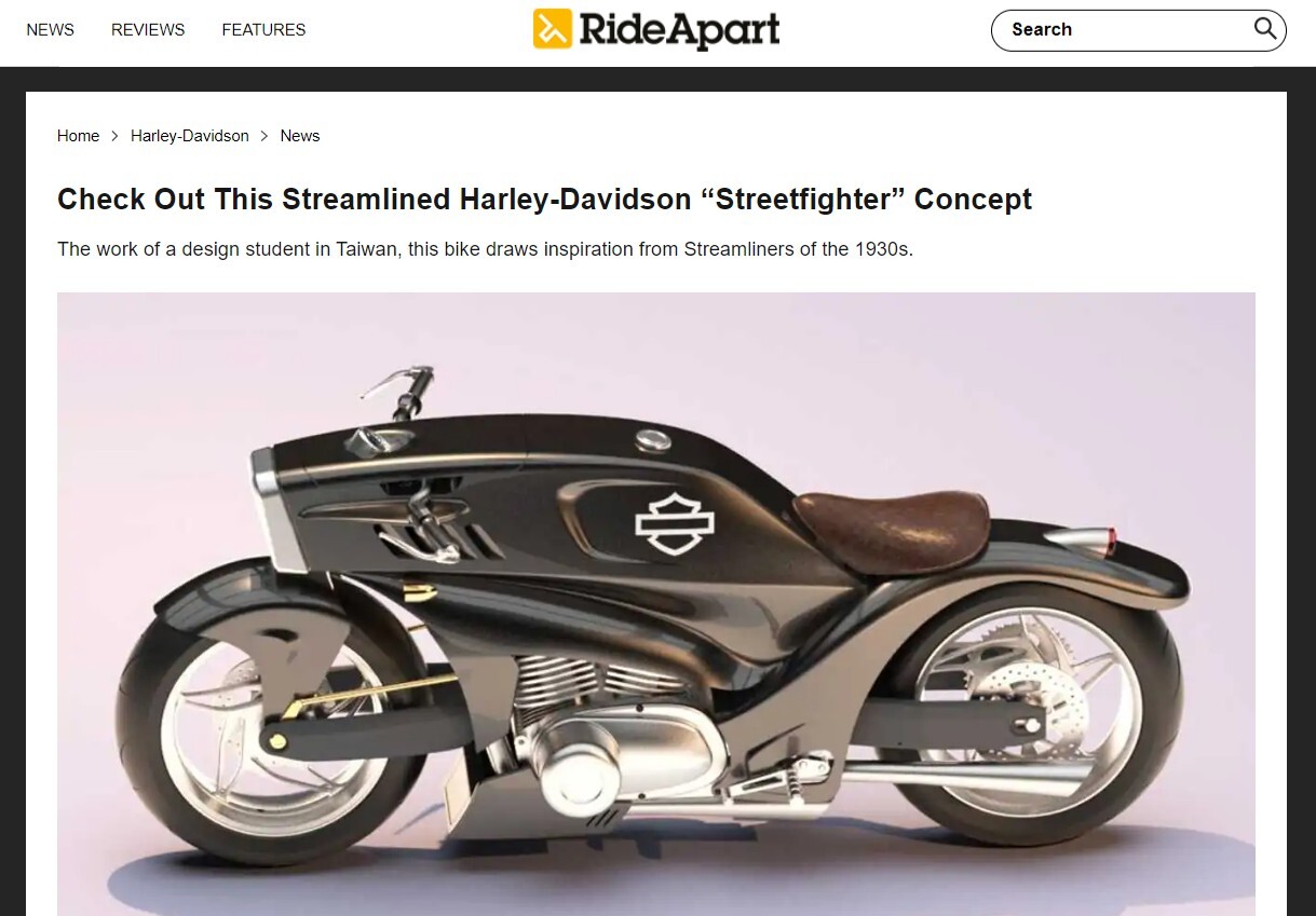臺科大設計系賴彥亘同學機車設計作品「Streetfighter」Harley-Davidson哈雷概念車,近來引起外媒與台灣汽機車論壇的關注和討論。