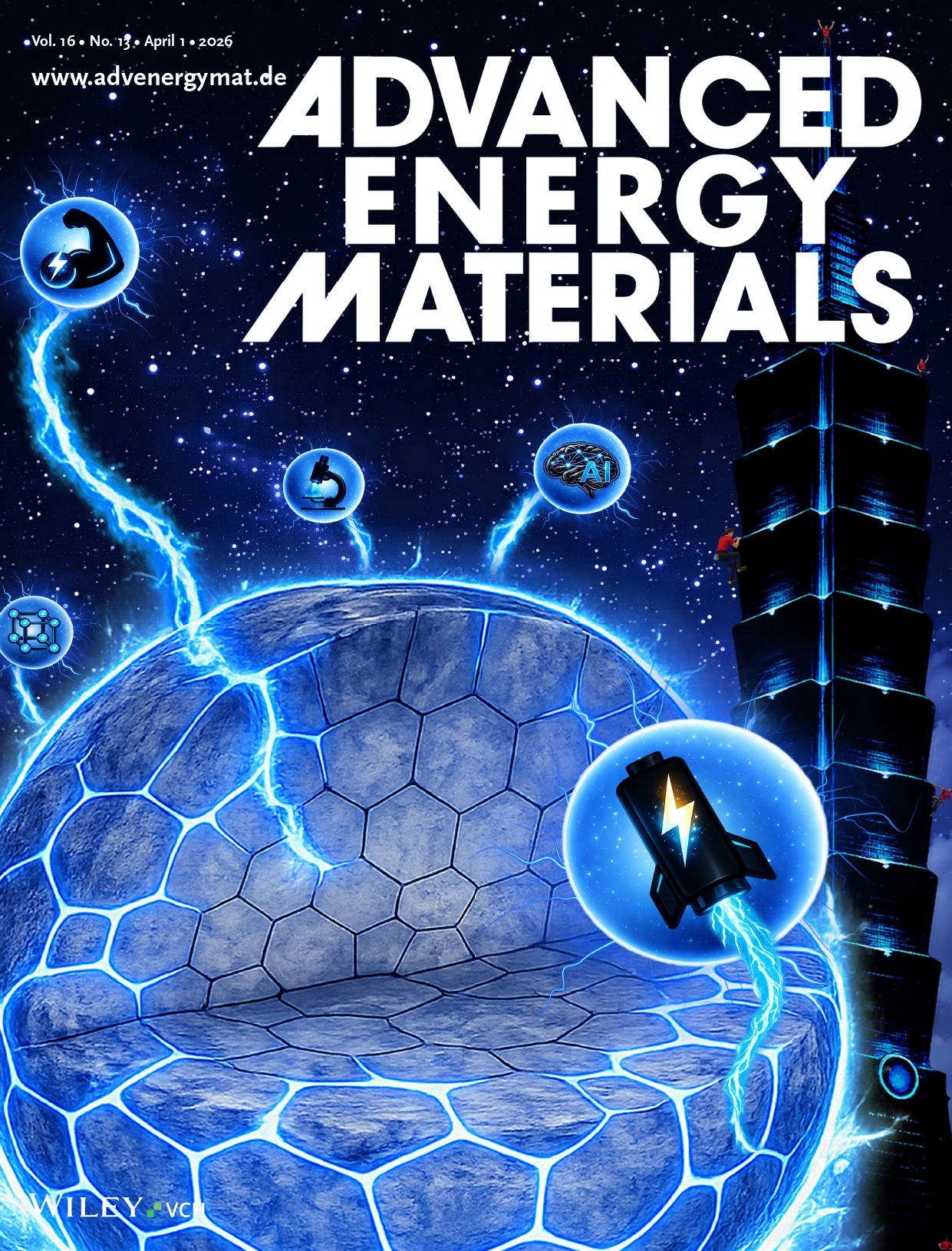 團隊研究成果獲選能源材料頂尖期刊《Advanced Energy Materials》當期 Back Cover，以攀登台北 101 為視覺意象，象徵突破材料設計既有認知邊界，邁向可預測材料設計的新里程碑。