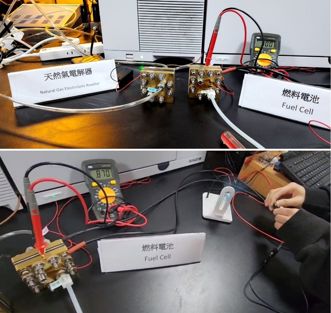 臺科大材料系教授王丞浩團隊開發非貴金屬觸媒天然氣電解器將甲烷裂解生成高純度氫氣與固態碳，電解產生的氫氣供給燃料電池使用可產生0.87V的電，帶動風扇轉動。