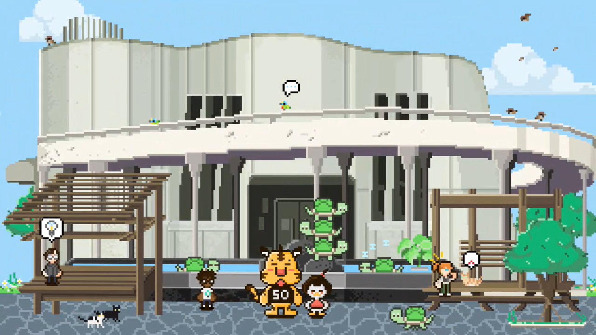 策展團隊特別製作動畫，由臺科大吉祥物「蘿絲」與「坂守」走訪校園代表性建築，串起臺科人的回憶。