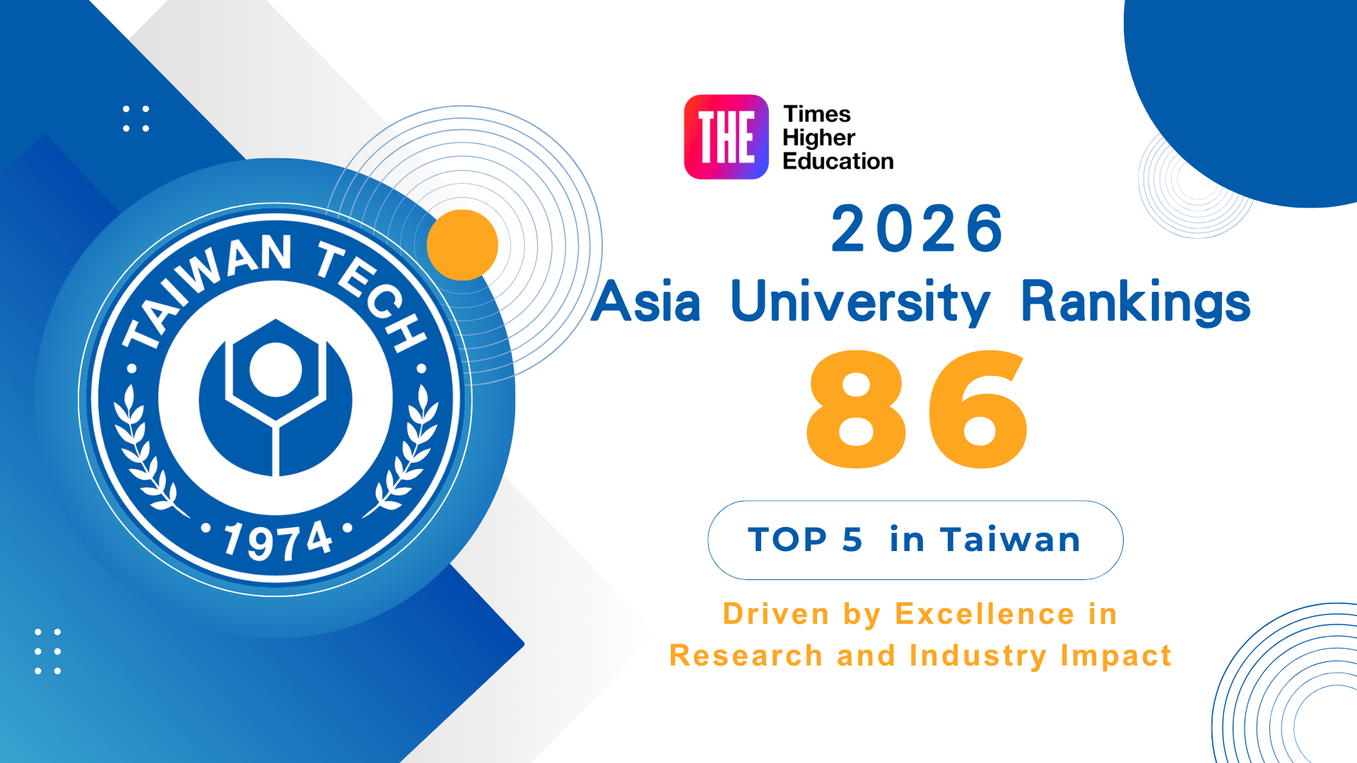 The 2026 Asia University Rankings released by Times Higher Education (THE) have placed Taiwan Tech 86th in Asia and fifth among all universities in Taiwan, maintaining its position as the top vocational and technical university in the country.