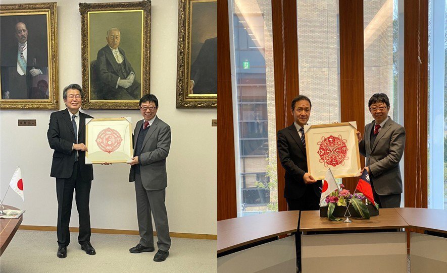 臺科大校長致贈兩校合作友誼剪紙藝術予九州大學(左圖)及九州工業大學(右圖)